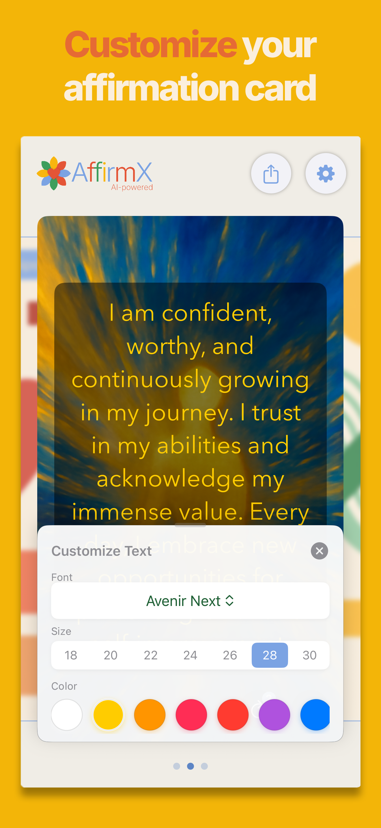 Customize your affirmation card — font, size, and color