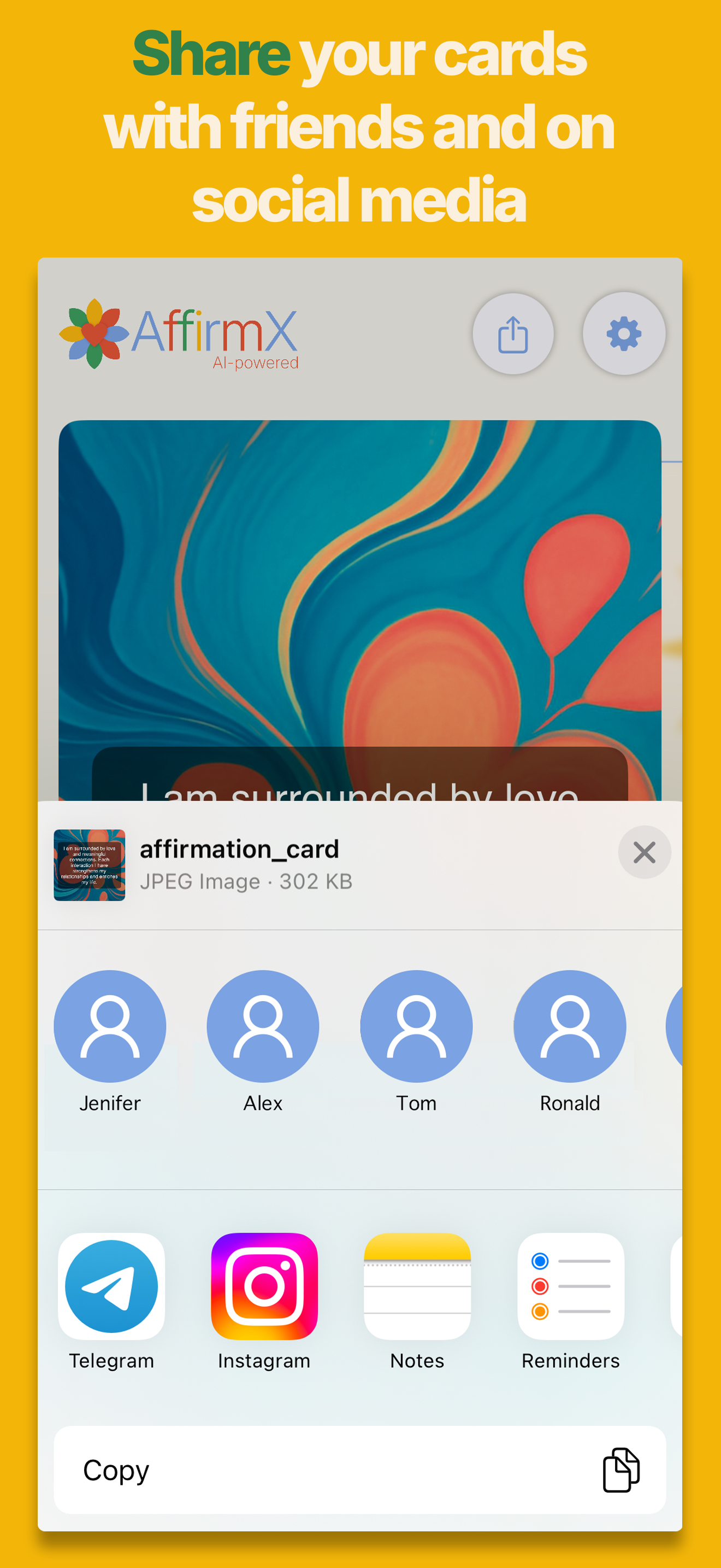 Share your cards with friends and on social media
